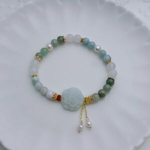 GB82 Handmade Freshwater Pearl Jade Stretchable Bracelet 7”
